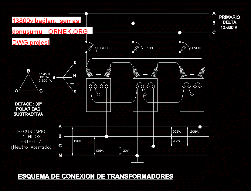13800v bağlantı şeması dönüşümü Autocad Çizimi