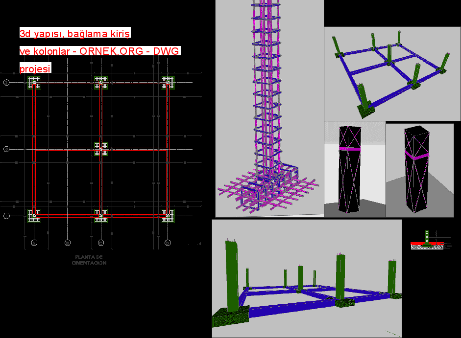 3d yapısı, bağlama kiriş ve kolonlar Autocad Çizimi
