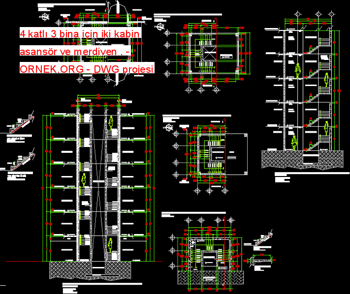 4 katlı 3 bina için iki kabin asansör ve merdiven , Autocad Çizimi