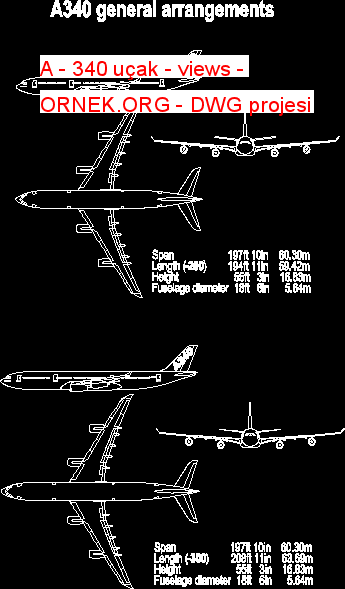 A - 340 uçak - views Autocad Çizimi
