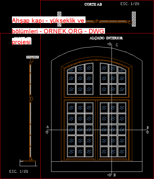 Ahşap kapı - yükseklik ve bölümleri Autocad Çizimi