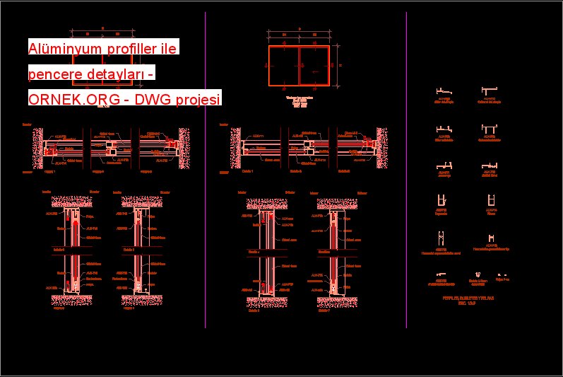 Alüminyum profiller ile pencere detayları Autocad Çizimi