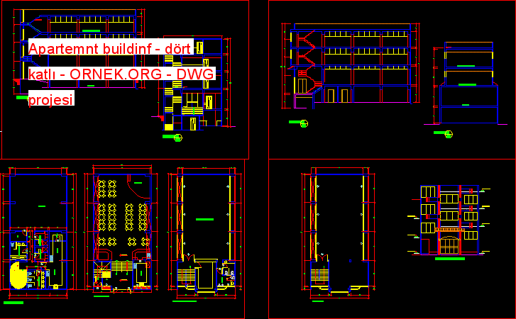 Apartemnt buildinf - dört katlı Autocad Çizimi