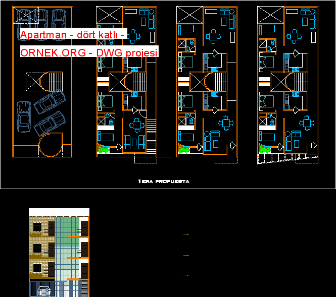 Apartman - dört katlı Autocad Çizimi
