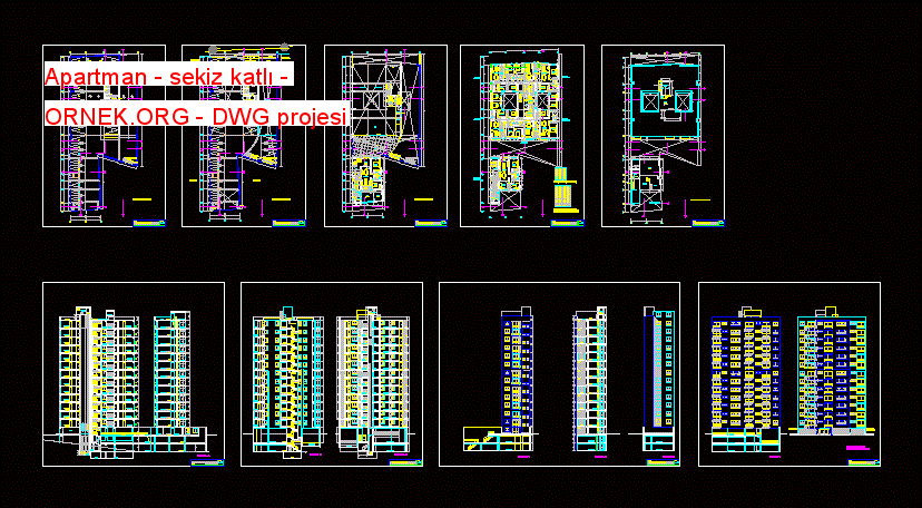 Apartman - sekiz katlı Autocad Çizimi