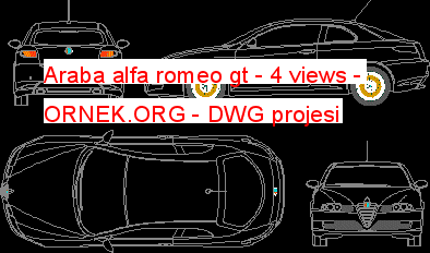 Araba alfa romeo gt - 4 views Autocad Çizimi