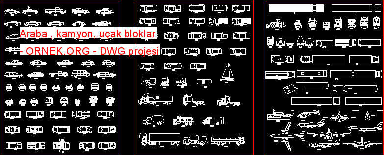 Araba , kamyon, uçak bloklar Autocad Çizimi