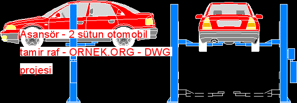 Asansör - 2 sütun otomobil tamir raf Autocad Çizimi