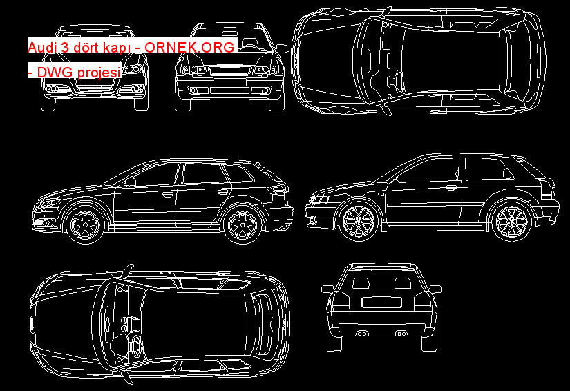 Audi 3 dört kapı Autocad Çizimi
