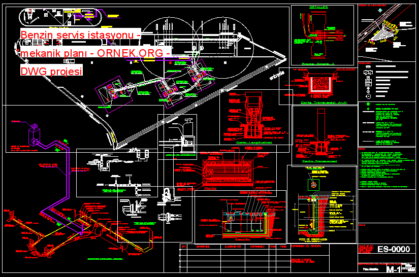 Benzin servis istasyonu - mekanik planı Autocad Çizimi