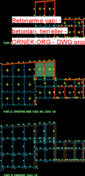 Betonarme yapı - betonları, temeller Autocad Çizimi