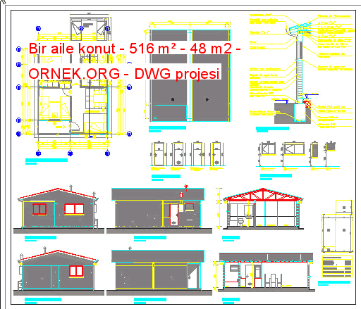 Bir aile konut - 516 m² - 48 m2 Autocad Çizimi