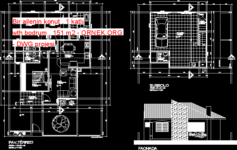 Bir ailenin konut , 1 katlı wth bodrum , 151 m2 Autocad Çizimi