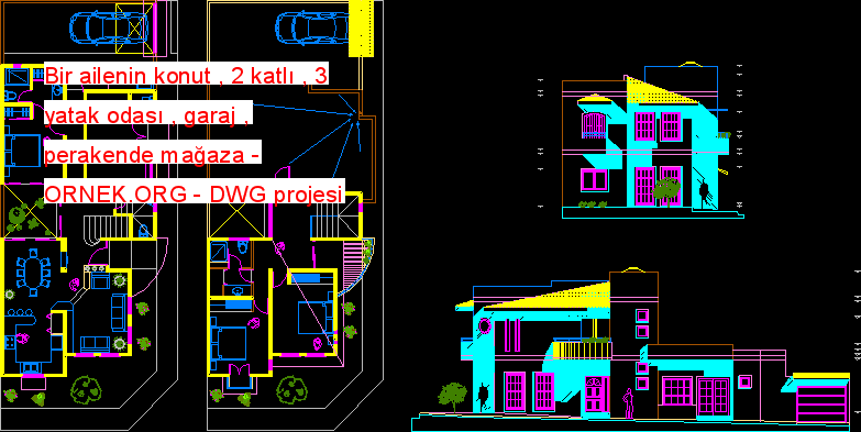 Bir ailenin konut , 2 katlı , 3 yatak odası , garaj , perakende mağaza Autocad Çizimi