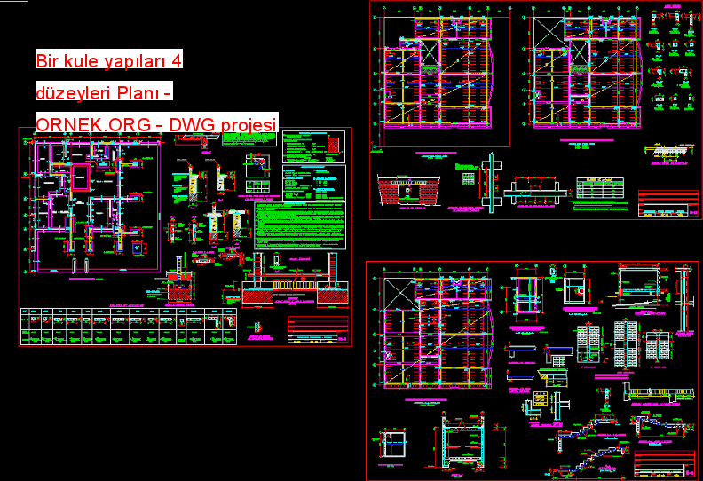 Bir kule yapıları 4 düzeyleri Planı Autocad Çizimi