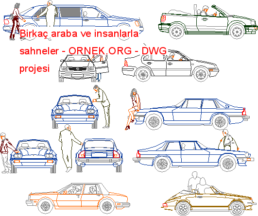 Birkaç araba ve insanlarla sahneler Autocad Çizimi