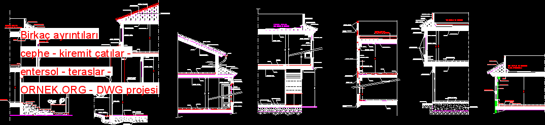Birkaç ayrıntıları cephe - kiremit çatılar - entersol - teraslar Autocad Çizimi