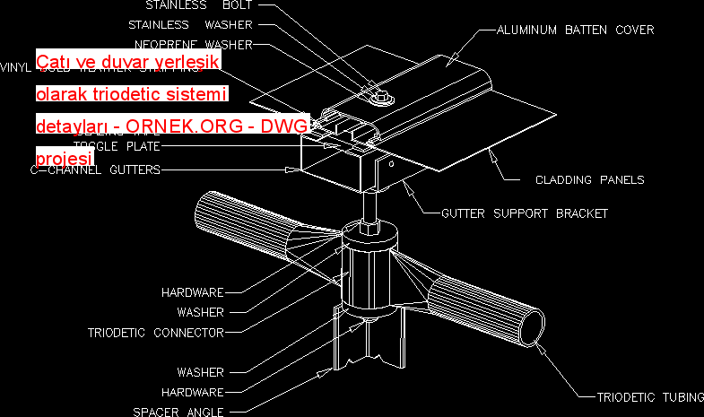 Çatı ve duvar yerleşik olarak triodetic sistemi detayları Autocad Çizimi