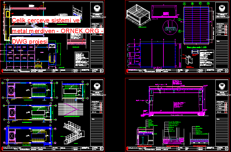 Çelik çerçeve sistemi ve metal merdiven Autocad Çizimi