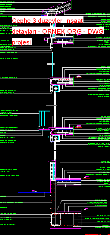 Cephe 3 düzeyleri inşaat detayları Autocad Çizimi