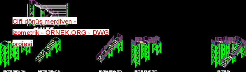Çift dönüş merdiven - izometrik Autocad Çizimi