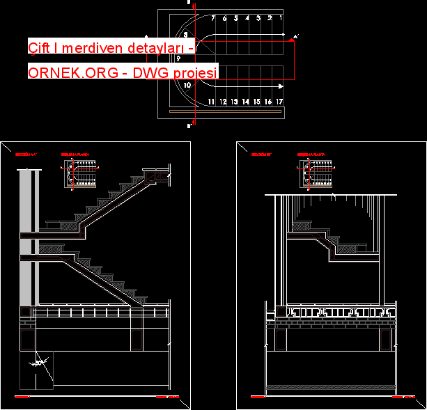 Çift l merdiven detayları Autocad Çizimi