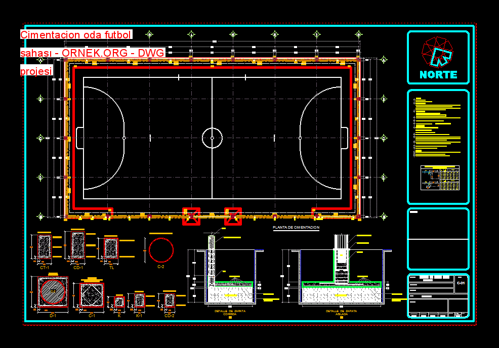 Cimentacion oda futbol sahası Autocad Çizimi