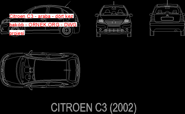 Citroen C3 - araba - dört kez bakıldı Autocad Çizimi