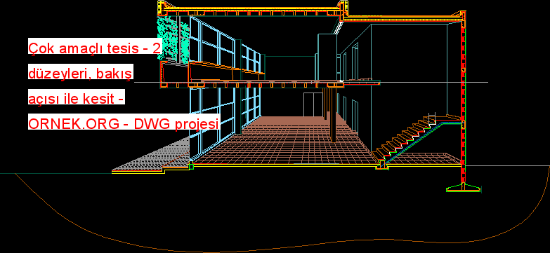 Çok amaçlı tesis - 2 düzeyleri, bakış açısı ile kesit Autocad Çizimi
