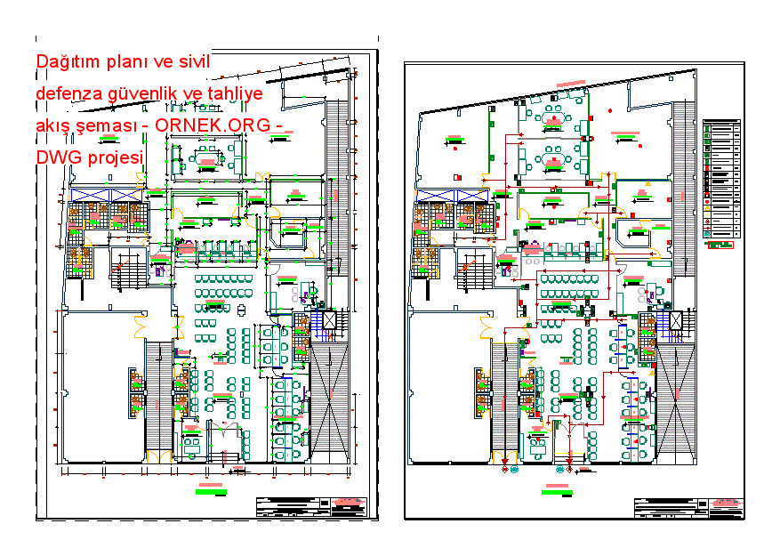 Dağıtım planı ve sivil defenza güvenlik ve tahliye akış şeması Autocad Çizimi
