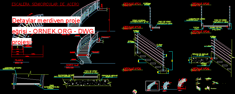 Detaylar merdiven proje eğrisi Autocad Çizimi