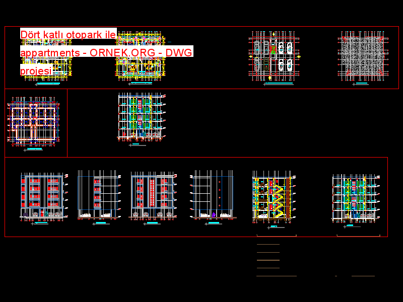Dört katlı otopark ile appartments Autocad Çizimi