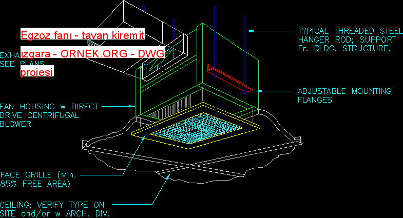 Egzoz fanı - tavan kiremit ızgara Autocad Çizimi