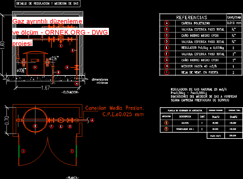 Gaz ayrıntılı düzenleme ve ölçüm Autocad Çizimi