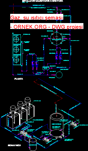Gaz, su ısıtıcı şeması Autocad Çizimi