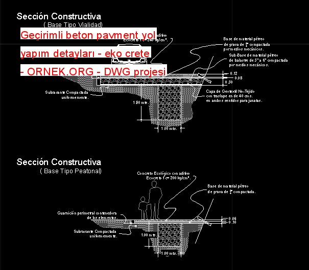 Geçirimli beton pavment yol yapım detayları - eko crete Autocad Çizimi
