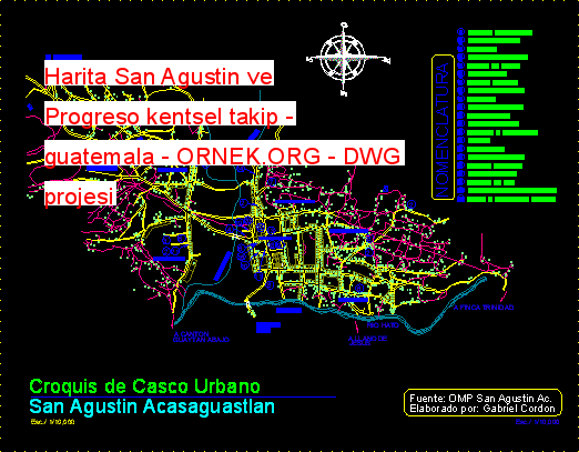 Harita San Agustin ve Progreso kentsel takip - guatemala Autocad Çizimi