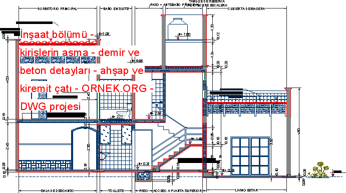 İnşaat bölümü - kirişlerin asma - demir ve beton detayları - ahşap ve kiremit çatı Autocad Çizimi