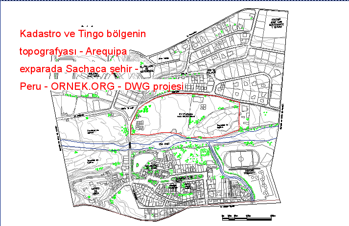 Kadastro ve Tingo bölgenin topografyası - Arequipa exparada Sachaca şehir - Peru Autocad Çizimi