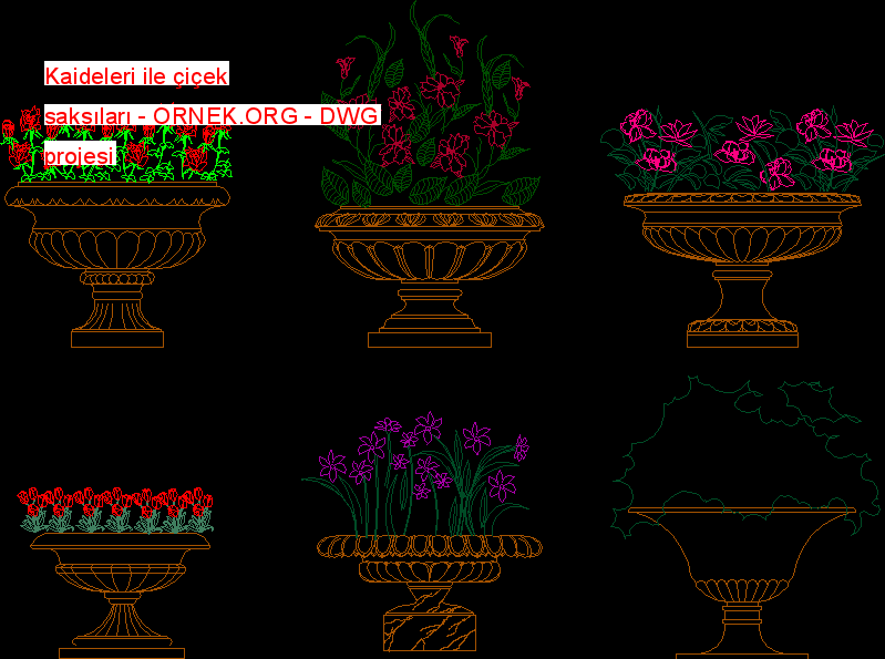 Kaideleri ile çiçek saksıları Autocad Çizimi