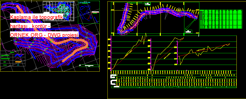 Kaplama ile topografik haritası , kontür Autocad Çizimi