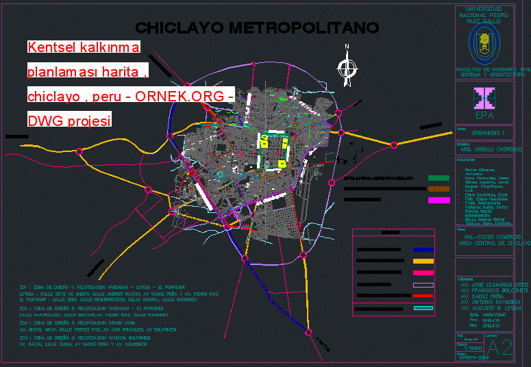 Kentsel kalkınma planlaması harita , chiclayo , peru Autocad Çizimi