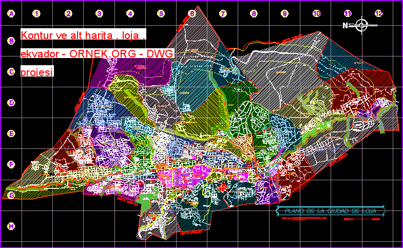 Kontur ve alt harita , loja , ekvador Autocad Çizimi