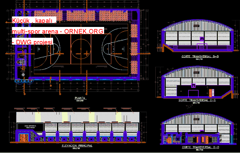 Küçük , kapalı , multi-spor arena Autocad Çizimi