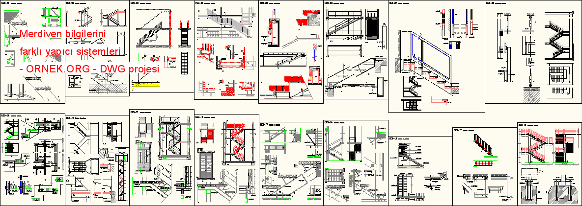Merdiven bilgilerini farklı yapıcı sistemleri Autocad Çizimi
