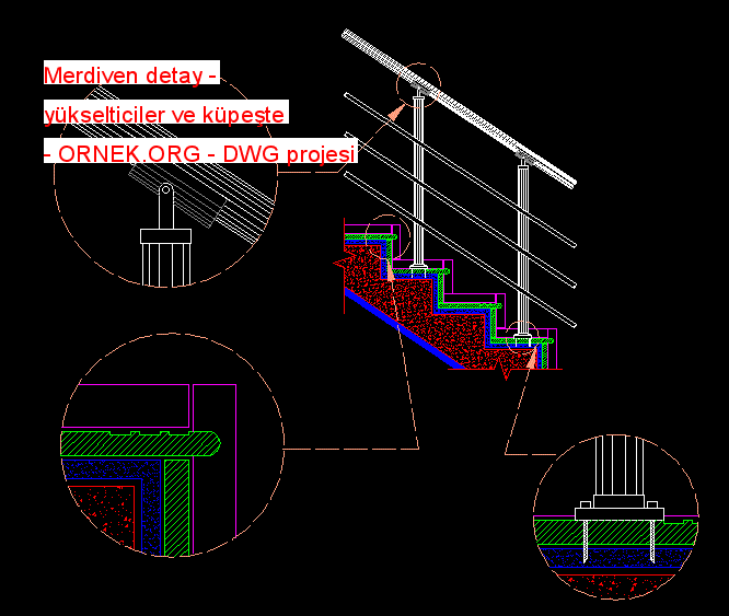 Merdiven detay - yükselticiler ve küpeşte Autocad Çizimi