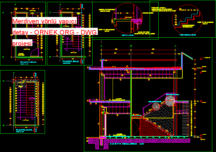 Merdiven yönlü yapıcı detay Autocad Çizimi