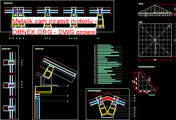 Metalik cam piramit motorlu Autocad Çizimi