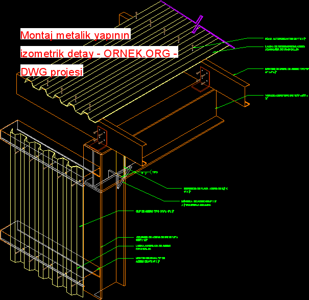 Montaj metalik yapının izometrik detay Autocad Çizimi