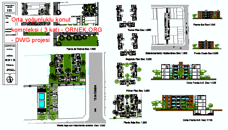 Orta yoğunluklu konut kompleksi ( 3 kat) Autocad Çizimi